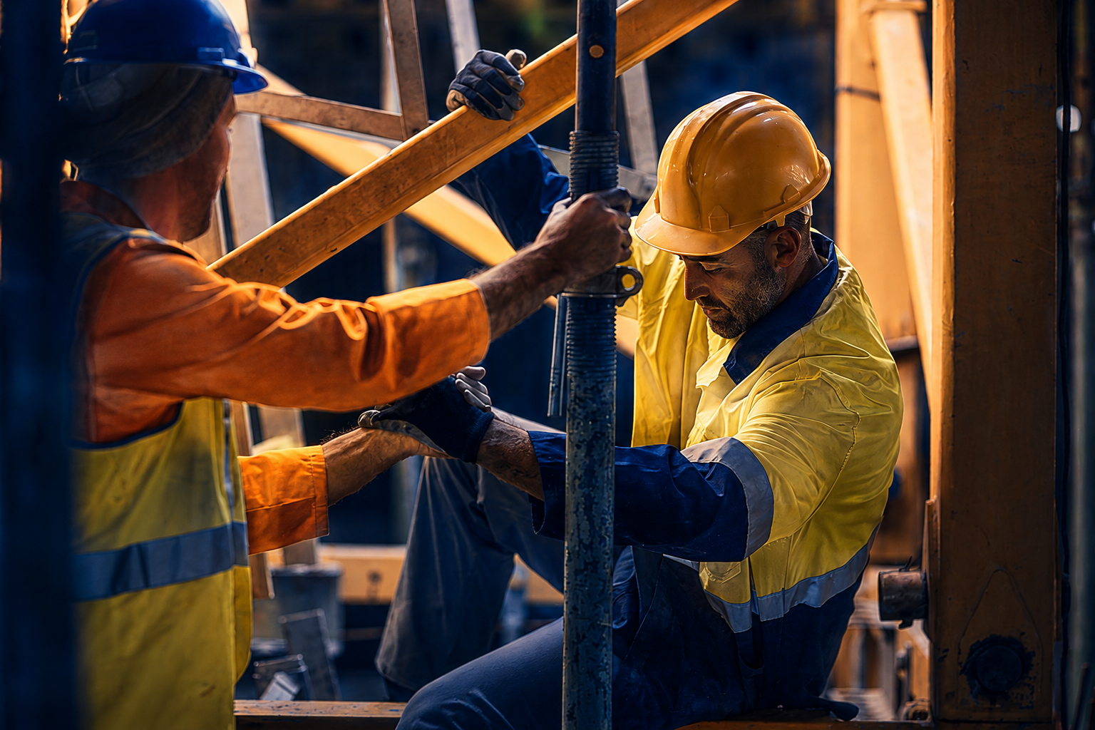 Two construction workers in high-visibility gear complete hands-on training while securing scaffolding on an industrial job site.